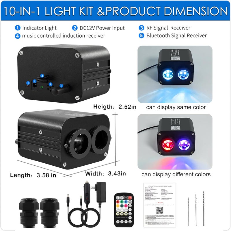 ATOKEE Store 20W Dual Color Dual Head Fiber Optic Light Box for Starlight Headliner, Twinkle Effect & Music Mode, Bluetooth App/RF Remote Control, Car Plug & Power Adapter, PG Connector & 3 Drill Bits - Image 2